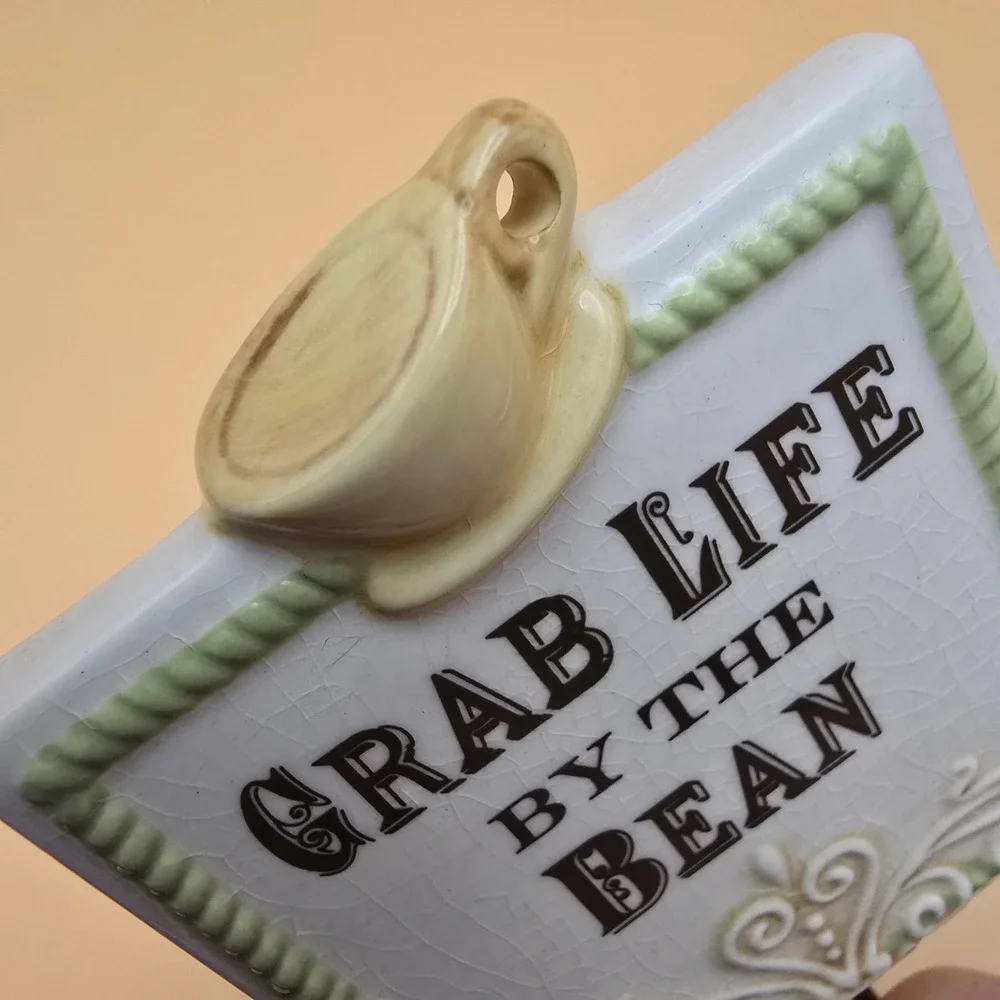 Ceramic Coffee Scoop and Wall‎ Hook Set Grab Life By The Bean Sage Green Cream